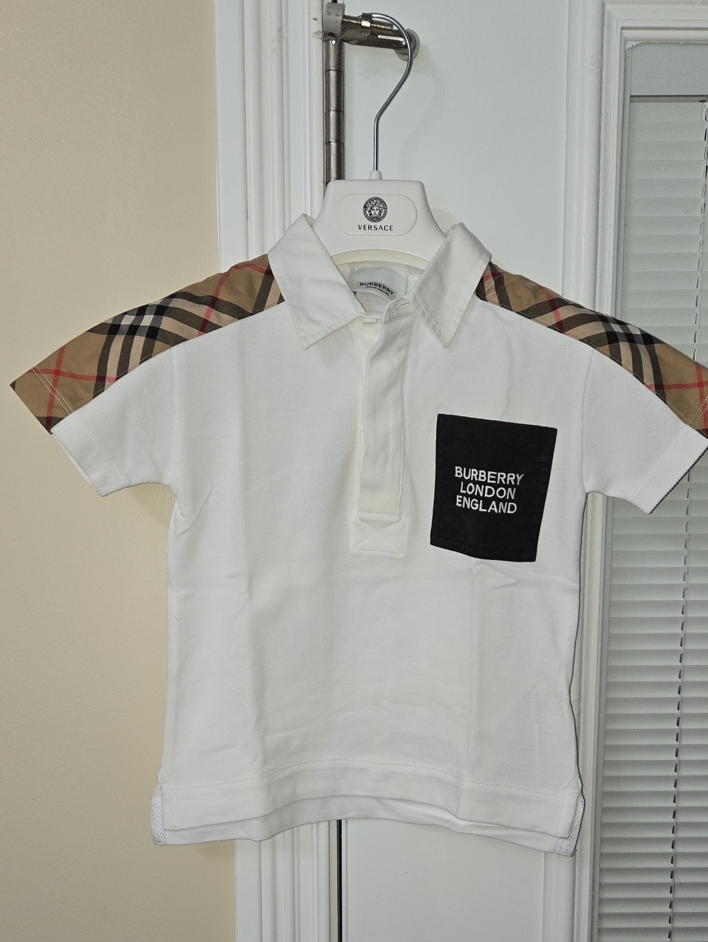 Burberry White Kids Polo with Beige Check Shoulder Panels